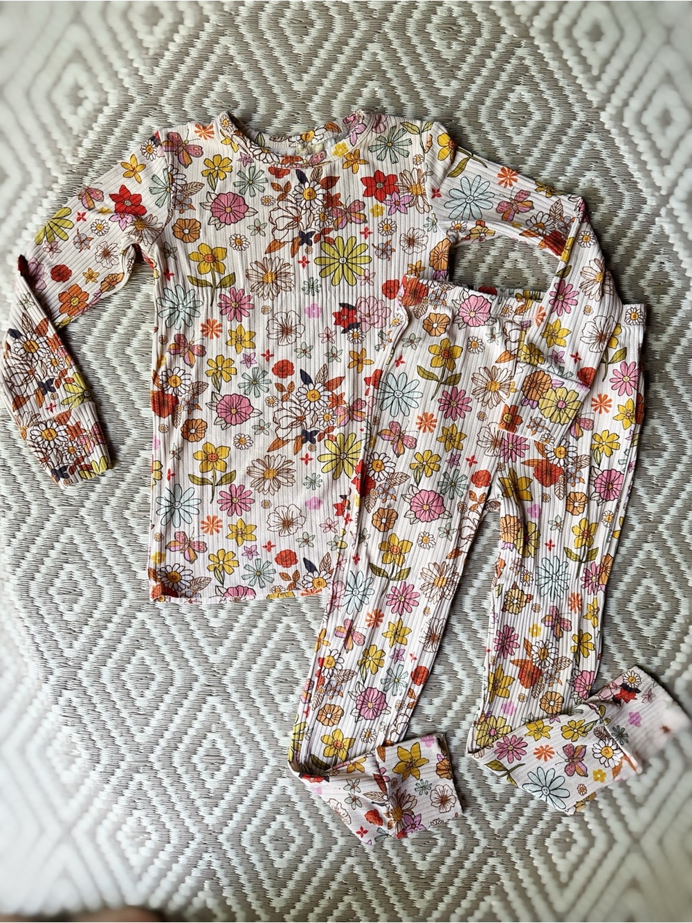 Posh Peanut White Ribbed Pajama Set with Multicolor Folk Floral Print